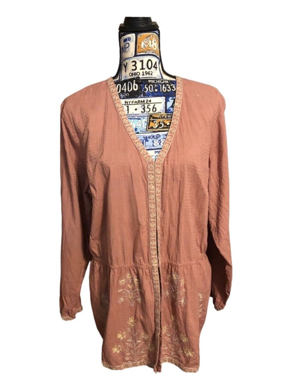 Logo Lavish Lori Goldstein Pink Boho Peasant Floral Embroidered Blouse Sz L